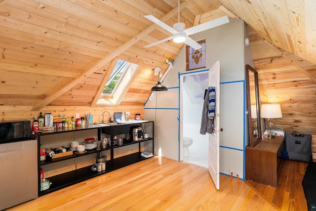 31 W 5th St, Duluth, MN 55806 - additional living space featuring wooden ceiling, a skylight, wood finished floors, wood walls, and ceiling fan