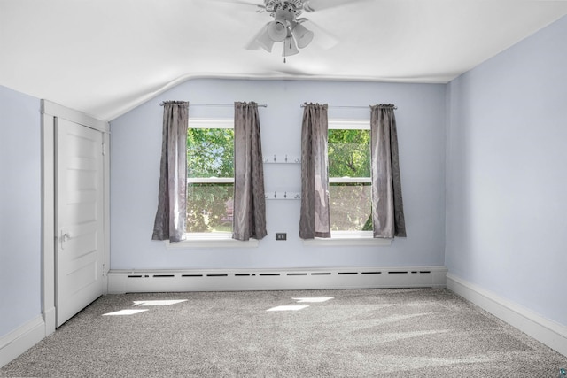 996 85th Ave W, Duluth, MN 55808 - additional living space featuring vaulted ceiling, carpet, a baseboard radiator, and ceiling fan