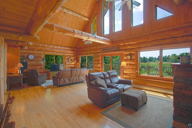 2338 Olson Rd, Carlton, MN 55718 - living room with log walls, a wooden ceiling with exposed beams, high vaulted ceiling, hardwood / wood-style floors, and ceiling fan