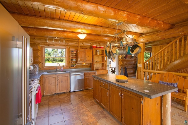 2338 Olson Rd, Carlton, MN 55718 - kitchen featuring dishwasher, a wooden ceiling with exposed beams, log walls, open shelves, and dark countertops