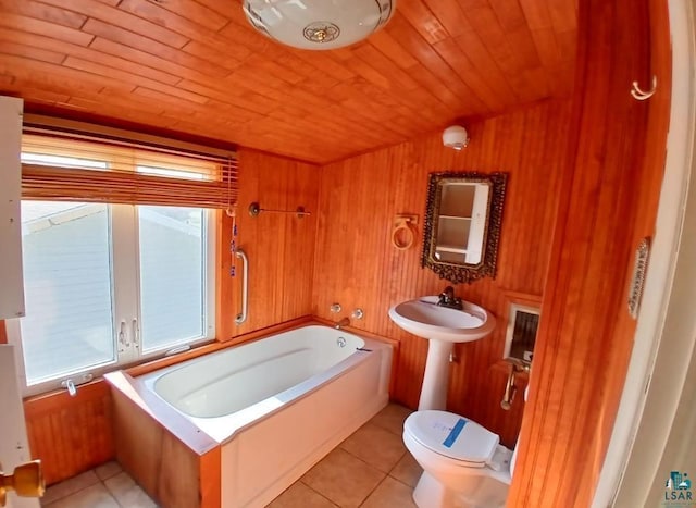 112 W 3rd Ave N, Aurora, MN 55705 - full bathroom with a tub to relax in, tile patterned floors, wooden ceiling, and wooden walls