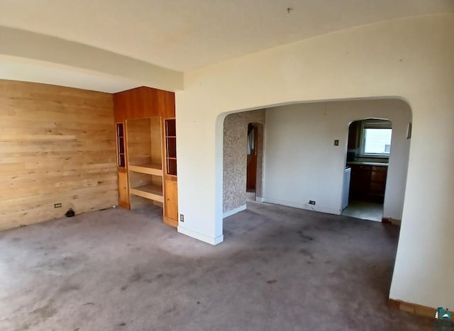 112 W 3rd Ave N, Aurora, MN 55705 - carpeted empty room featuring arched walkways and wooden walls