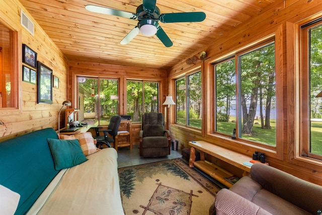 4930 Mini Power Rd, Duluth, MN 55803 - living room featuring wooden walls, wood ceiling, and ceiling fan