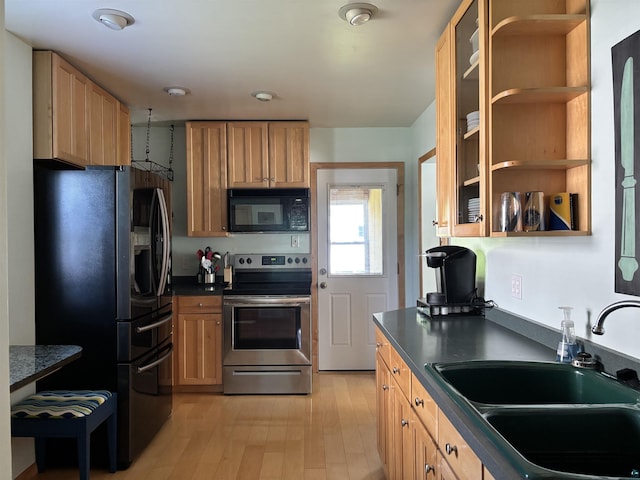 9235 Meadow St, Duluth, MN 55810 - kitchen with smart refrigerator, black microwave, stainless steel electric stove, and dark countertops