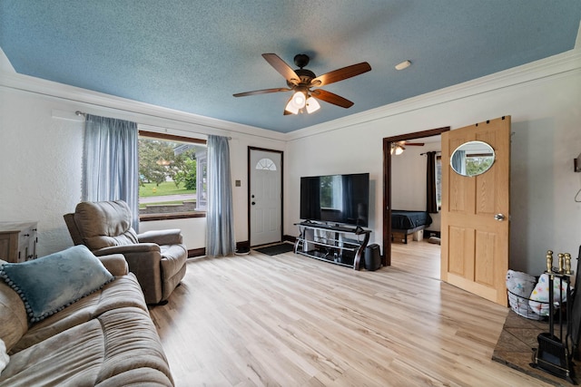 2420 Piedmont Ave, Duluth, MN 55811 - living area featuring ceiling fan, light wood-style floors, ornamental molding, and a textured ceiling