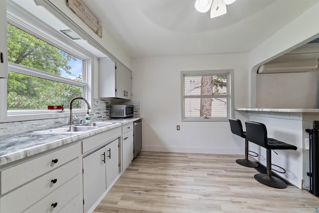 2420 Piedmont Ave, Duluth, MN 55811 - kitchen with appliances with stainless steel finishes, light countertops, backsplash, and white cabinets