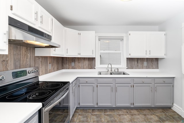41 Cato Ave, Duluth, MN 55808 - kitchen featuring electric stove, under cabinet range hood, gray cabinetry, light countertops, and white cabinets