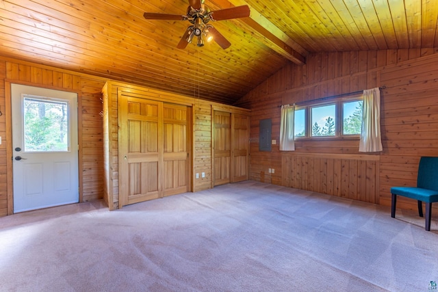 1475 Echo Trl, Ely, MN 55731 - unfurnished bedroom with multiple windows, carpet floors, wood walls, wood ceiling, and electric panel