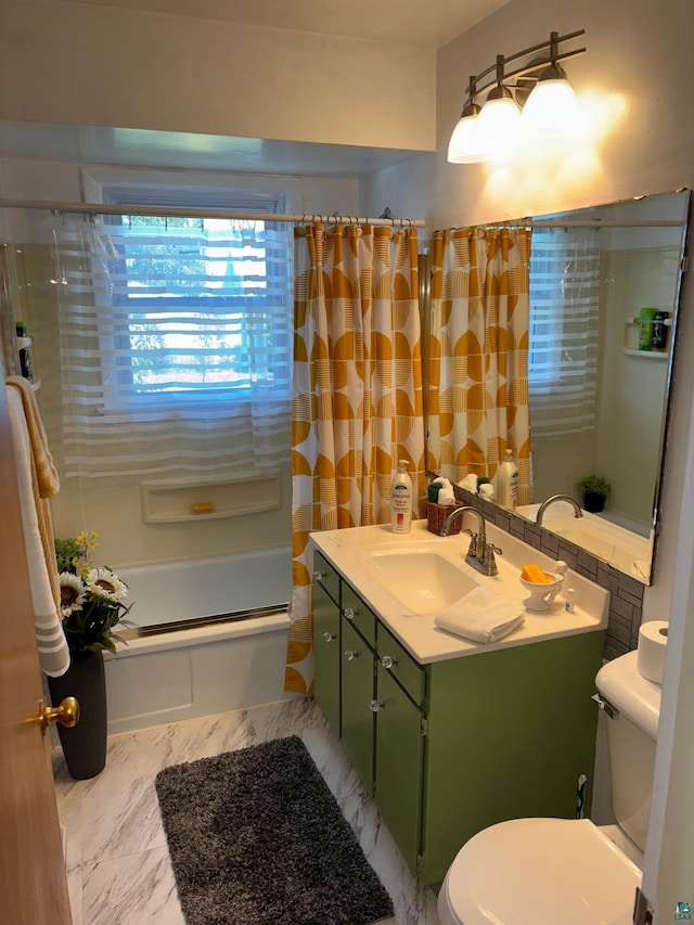 1264 92nd Ave W, Duluth, MN 55808 - bathroom featuring vanity, shower / tub combo, and marble finish floors