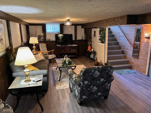 1264 92nd Ave W, Duluth, MN 55808 - living room with wood finished floors, stairs, and wooden walls
