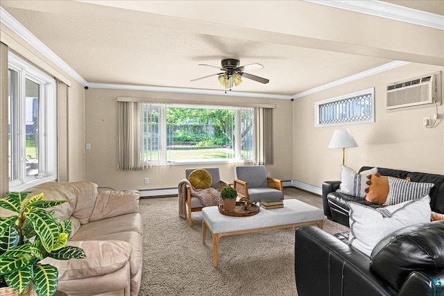 2807 E 2nd St, Duluth, MN 55812 - living area with crown molding, plenty of natural light, a wall unit AC, ceiling fan, and a baseboard heating unit