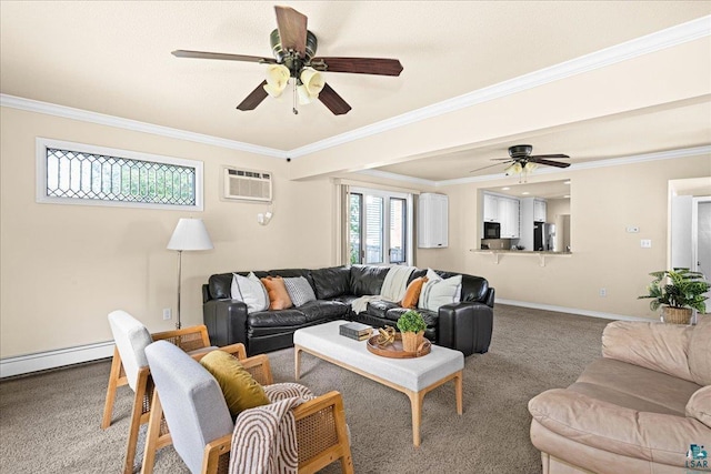 2807 E 2nd St, Duluth, MN 55812 - living area with a wall mounted AC, carpet, crown molding, a baseboard heating unit, and a ceiling fan