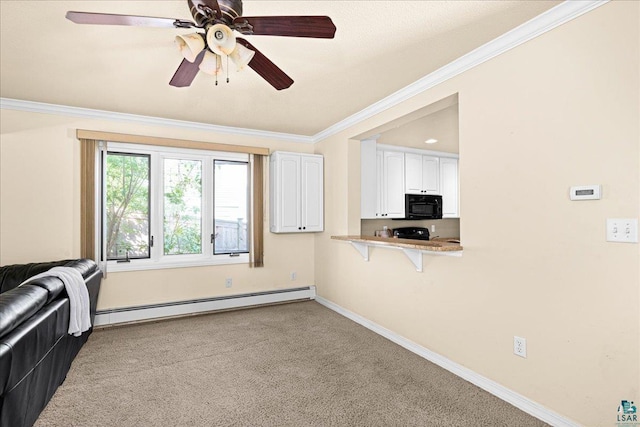 2807 E 2nd St, Duluth, MN 55812 - unfurnished living room with a baseboard radiator, ceiling fan, crown molding, and carpet flooring