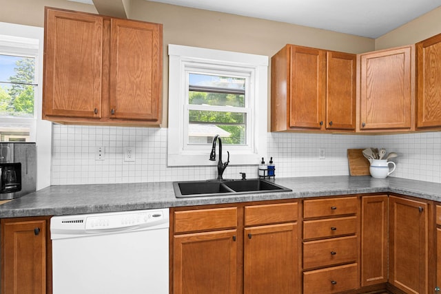 136 W Winona St, Duluth, MN 55803 - kitchen featuring white dishwasher, tasteful backsplash, brown cabinetry, and dark countertops