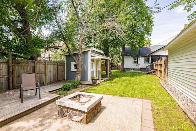 136 W Winona St, Duluth, MN 55803 - fenced backyard with a fire pit, an outdoor structure, and a deck