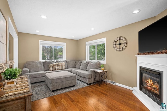 1207 Jean Marie St, Cloquet, MN 55720 - living room featuring wood finished floors, a glass covered fireplace, and recessed lighting