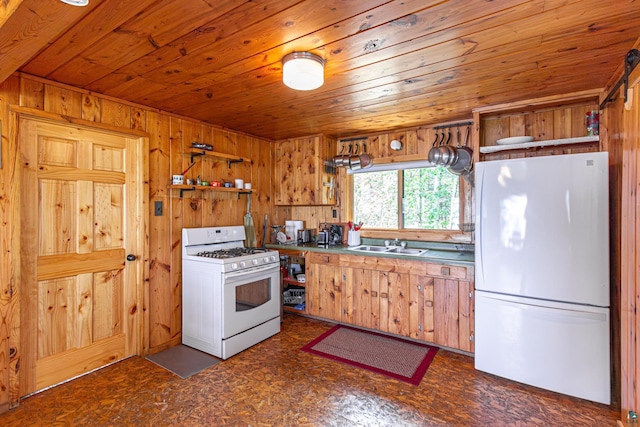 14575 Jackpine Trl, Ely, MN 55731 - kitchen featuring white appliances, wooden walls, open shelves, wood ceiling, and dark floors