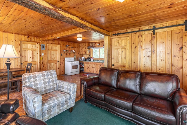 14575 Jackpine Trl, Ely, MN 55731 - carpeted living area with a wooden ceiling with exposed beams and wooden walls