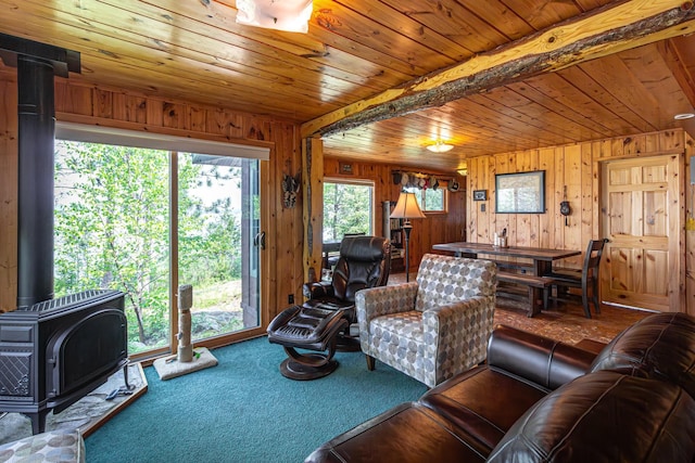 14575 Jackpine Trl, Ely, MN 55731 - living area with a wood stove, wood walls, carpet, and wood ceiling