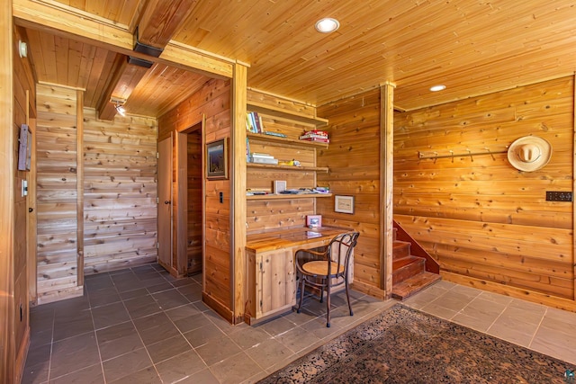 3206 Shady Rst, Ely, MN 55731 - office area featuring wooden walls, wooden ceiling, dark tile patterned flooring, and recessed lighting