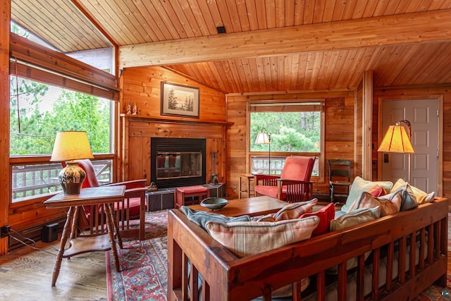 3206 Shady Rst, Ely, MN 55731 - living room with wood walls, wooden ceiling, a glass covered fireplace, and wood finished floors