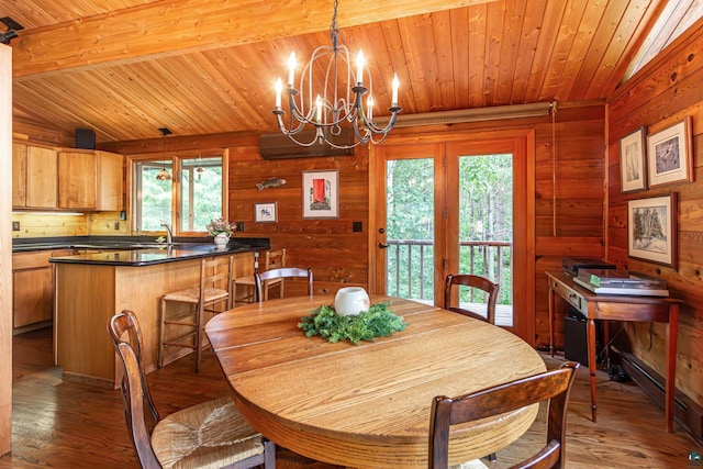 3206 Shady Rst, Ely, MN 55731 - dining space featuring a chandelier, plenty of natural light, hardwood / wood-style flooring, wooden ceiling, and wood walls