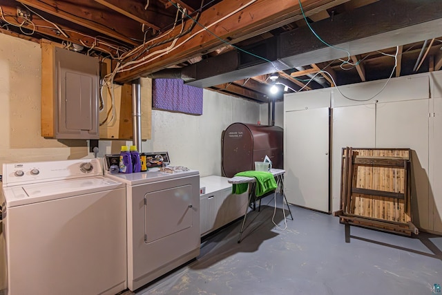 53 Dogwood Blvd, Babbitt, MN 55706 - laundry room with washing machine and dryer, electric panel, and oil tank
