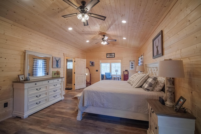 bedroom with wooden walls, dark wood-type flooring, vaulted ceiling, and wooden ceiling