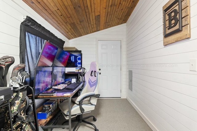 carpeted office featuring wood ceiling, lofted ceiling, and wooden walls