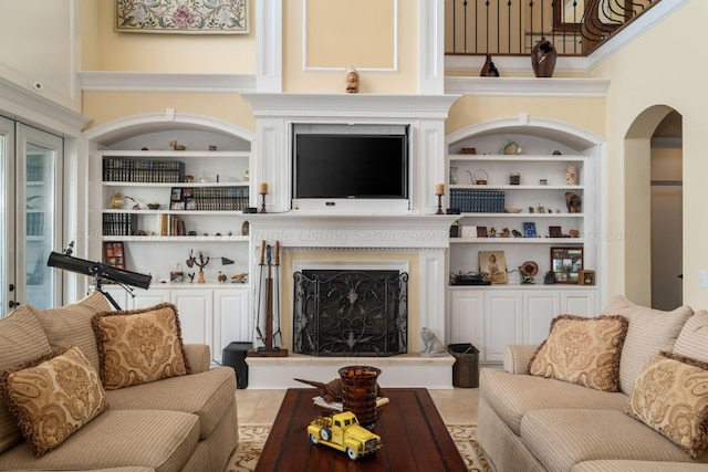 tiled living room with built in features