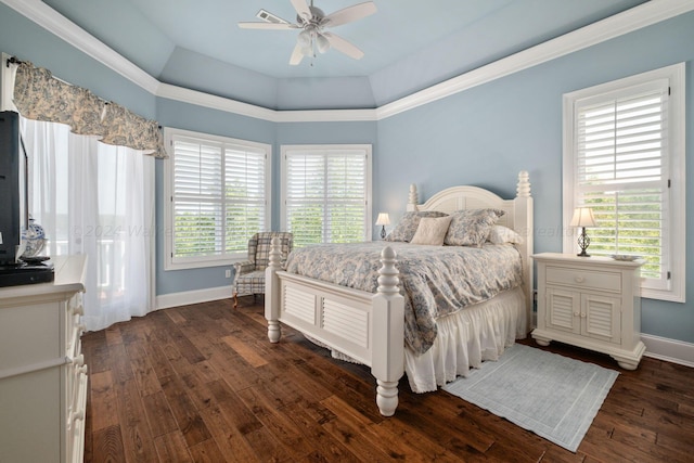 bedroom with crown molding, multiple windows, dark wood-type flooring, and ceiling fan