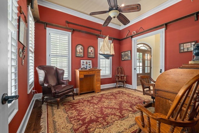 sitting room featuring hardwood / wood-style floors, french doors, ceiling fan, and crown molding