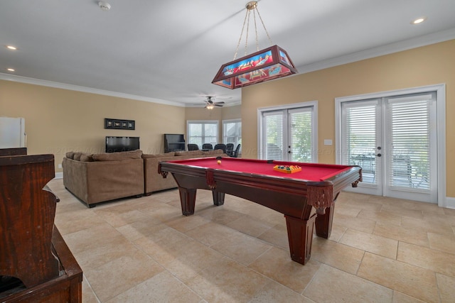 recreation room with french doors, ceiling fan, crown molding, and pool table