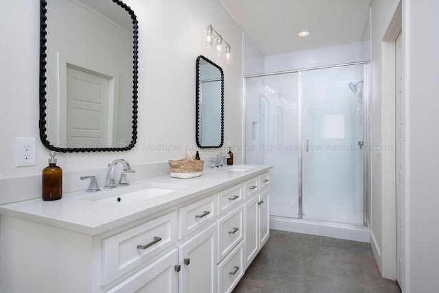 bathroom featuring vanity and walk in shower