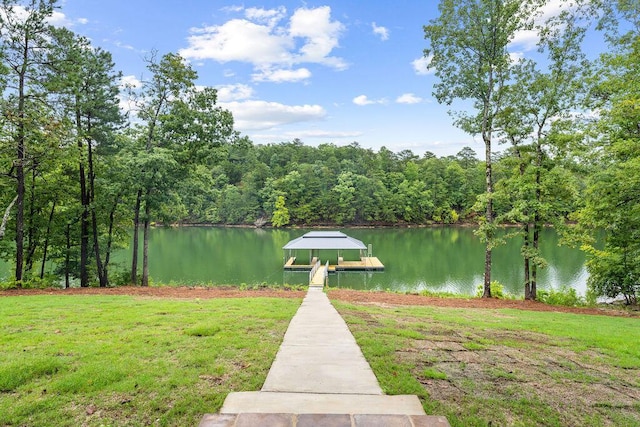 view of water feature with a dock