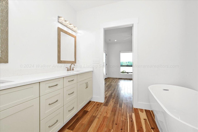 bathroom with wood-type flooring, vanity, and a bathing tub