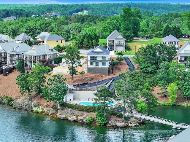 drone / aerial view with a water view