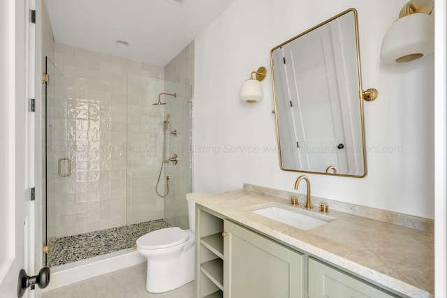 full bath with a shower stall, toilet, and vanity