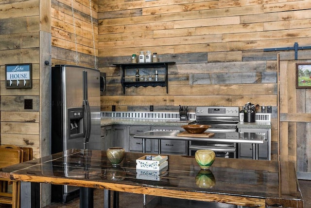 bar featuring stainless steel fridge with ice dispenser and wooden walls