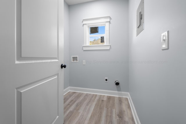 laundry area with hookup for an electric dryer, hookup for a washing machine, and light hardwood / wood-style flooring