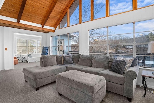 carpeted living room with wooden ceiling, high vaulted ceiling, and beamed ceiling