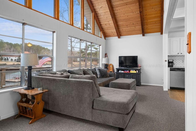 living room featuring carpet floors, high vaulted ceiling, beam ceiling, and wood ceiling