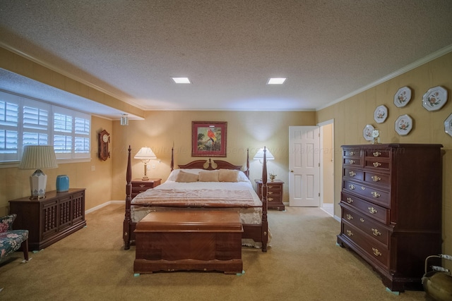 carpeted bedroom featuring a textured ceiling and crown molding