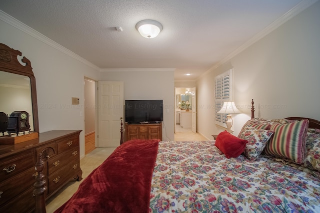 bedroom featuring light carpet, crown molding, and a textured ceiling