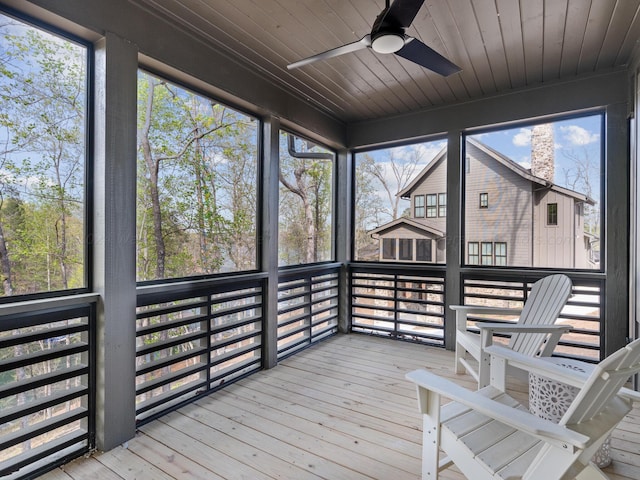 sunroom with ceiling fan, plenty of natural light, and wooden ceiling