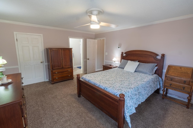 bedroom featuring light carpet, a ceiling fan, and crown molding