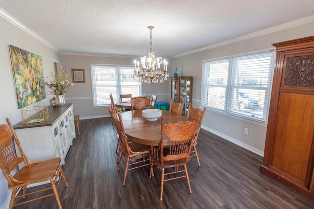 dining space with dark wood-style flooring, crown molding, an inviting chandelier, a textured ceiling, and baseboards