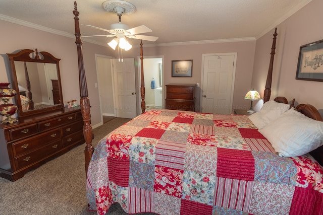 carpeted bedroom with a ceiling fan, crown molding, and ensuite bathroom