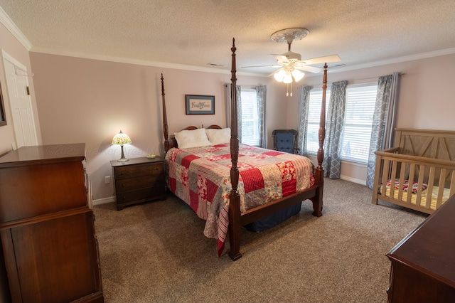 bedroom with a textured ceiling, ceiling fan, ornamental molding, and carpet