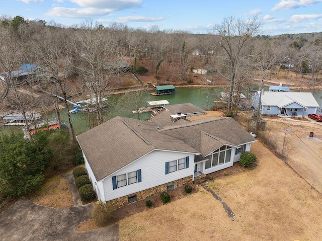 drone / aerial view featuring a water view